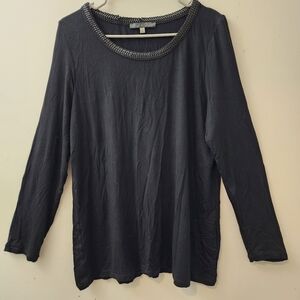 Rose & Olive XL Black Top Faux Leather Braid Trim Sleeve Slits Comfortable
